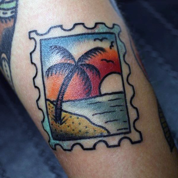 Little colored stamp stylized with island shore tattoo on arm