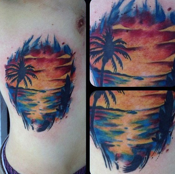 Little colorful ocean with sun tattoo on chest