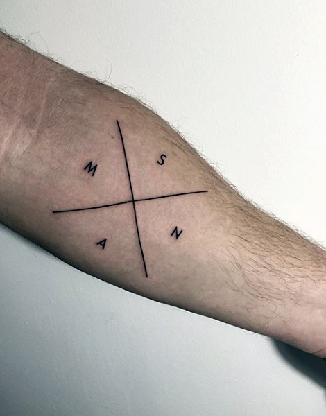 Tatuaje en el antebrazo, cruz con letras simple misteriosa