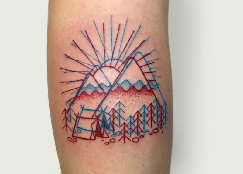 Little homemade 3D like camping in mountain forest tattoo