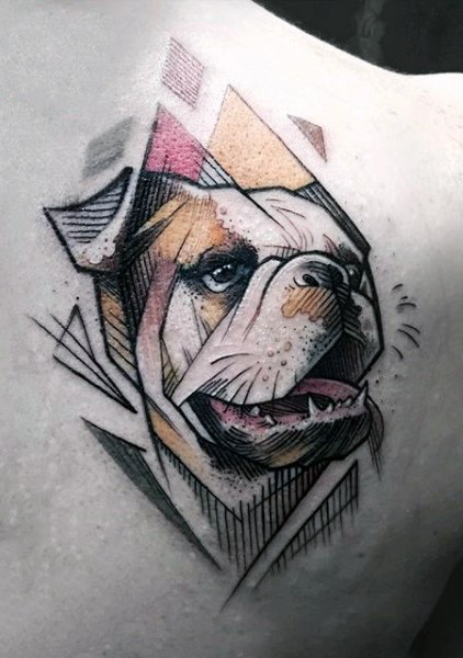 Little multicolored cute dog portrait tattoo on shoulder