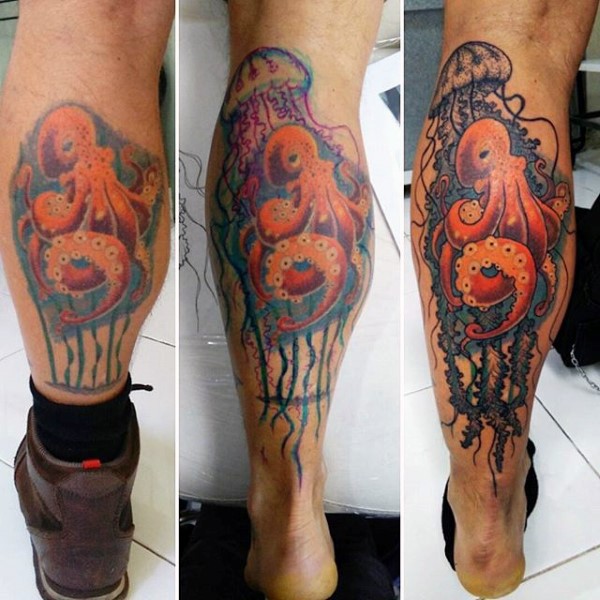 Little multicolored jelly-fish and octopus tattoo on leg