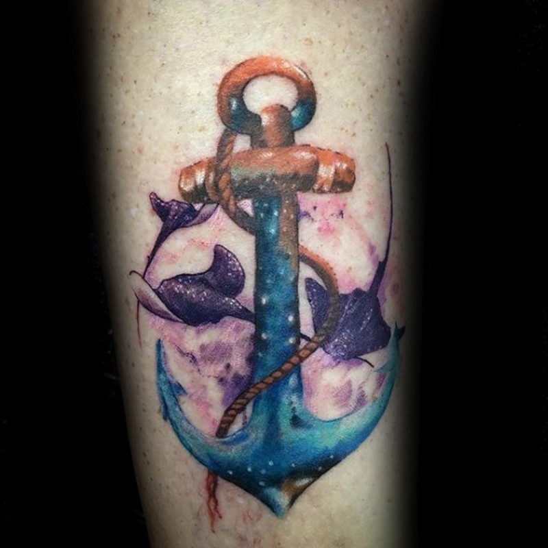 Little nautical themed colorful tattoo of old roped anchor and slopes