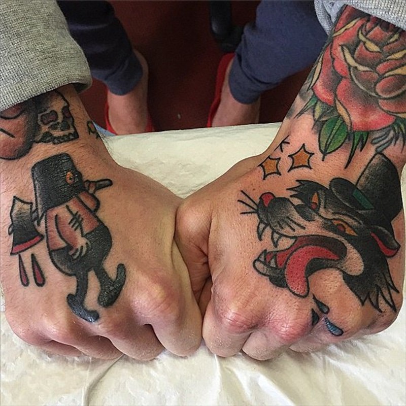 Little old school cartoon heroes tattoo on hands with stars