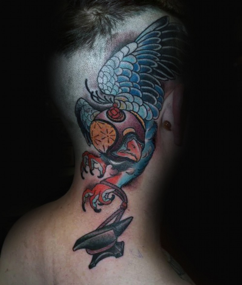 Little old school colored fantasy bird tattoo on neck and head