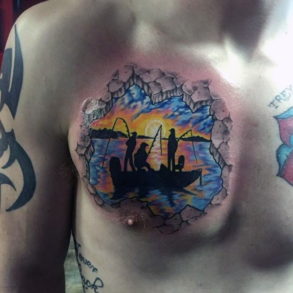 Little realistic looking colorful fishing family tattoo on chest
