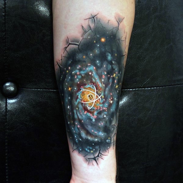 Little scientific style colored space tattoo on arm