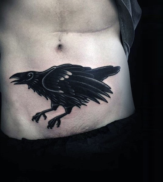 Little simple black ink crow tattoo on belly