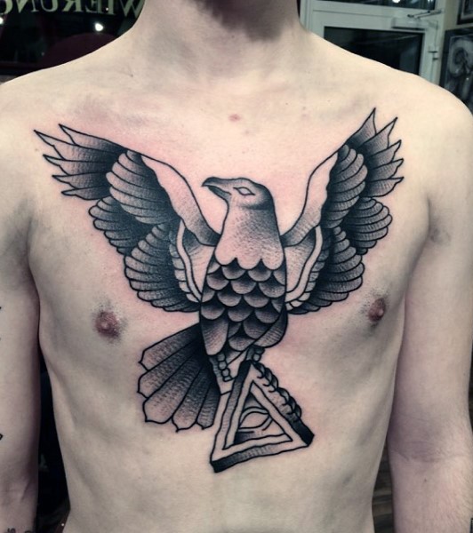 Little simple painted mystical bird with Masonic pyramid tattoo on chest