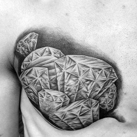 Lots of detailed different size diamonds 3D realistic tattoo on chest in torn skin
