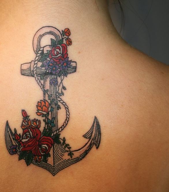 Lovely anchor tattoo on back for girls