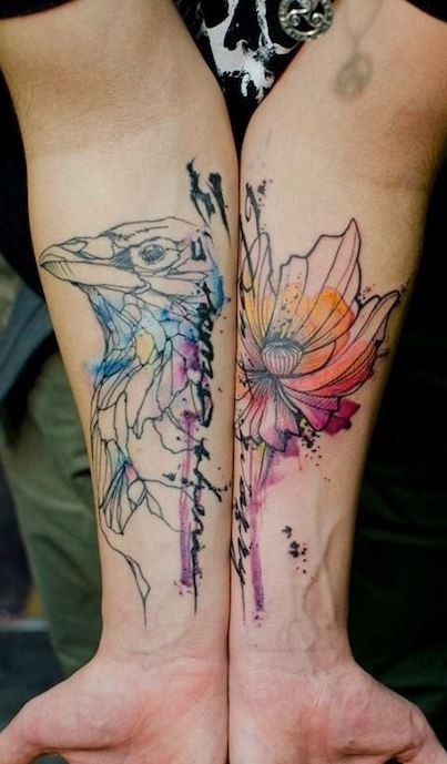 Lovely black lines with watercolor bird and flower forearm tattoo