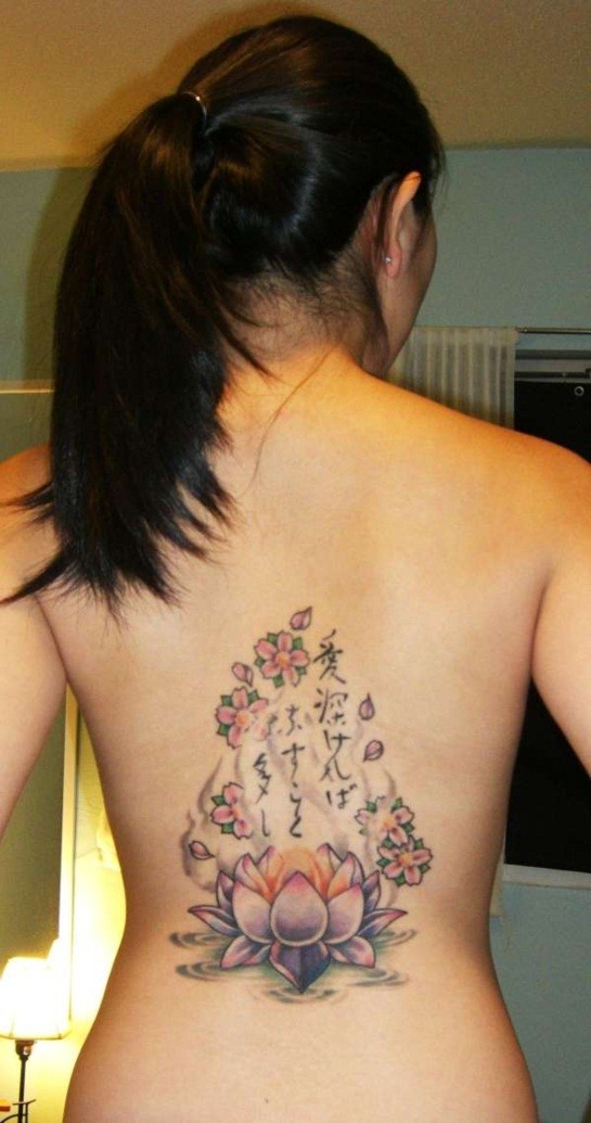 Lovely buddhist and lotus tattoo on back for girls