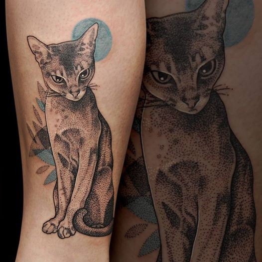 Lovely cat tattoo on leg by Veronika Tribo