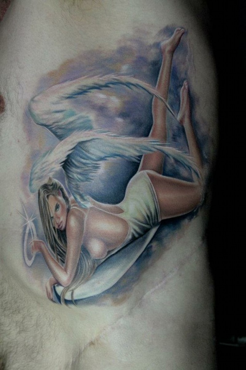 Lovely colorful flying angel girl tattoo