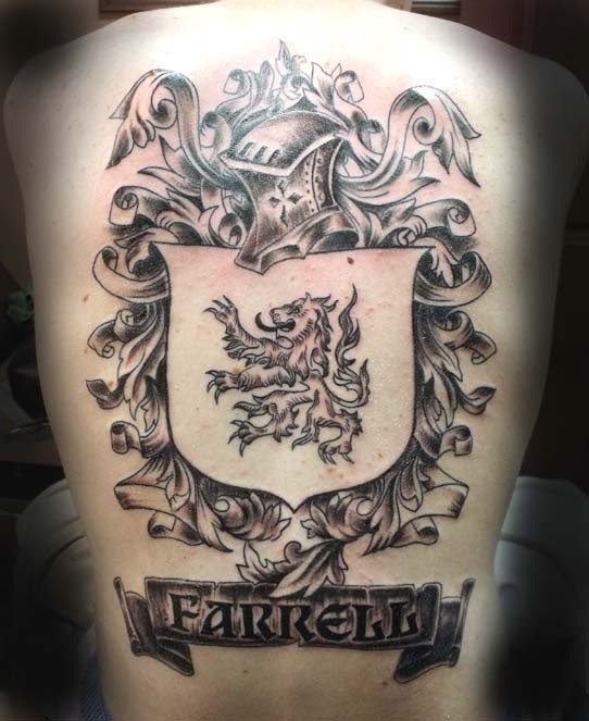 Lovely farrell family crest tattoo on back