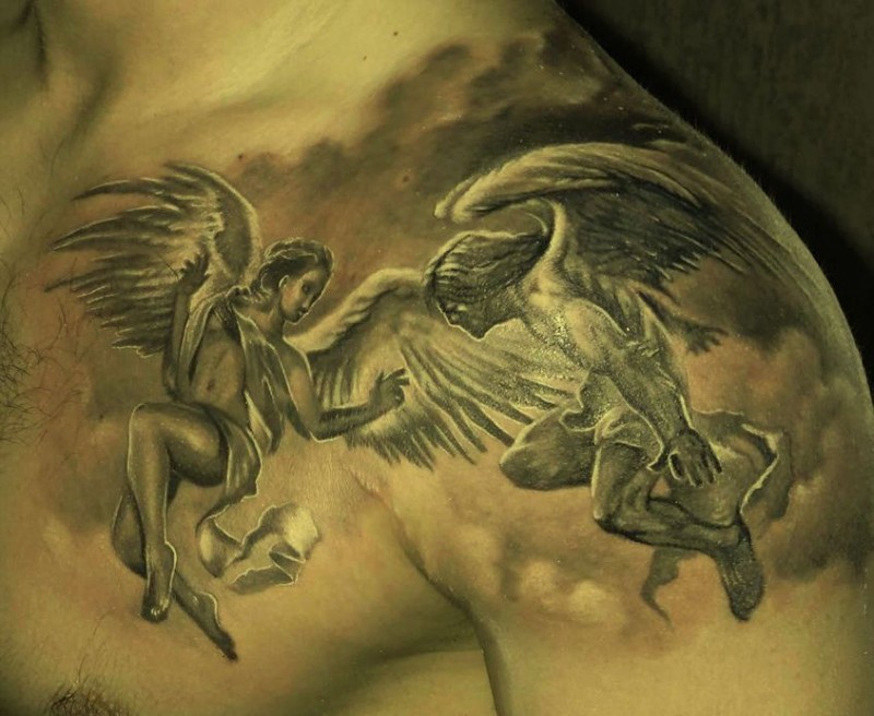 Lovely flying angels tattoo on shoulder and chest