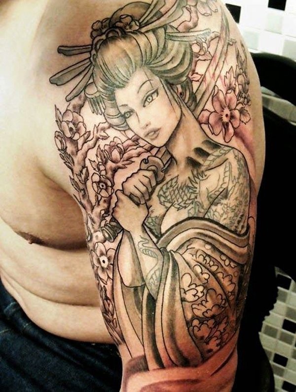 Lovely geisha tattoo on half sleeve