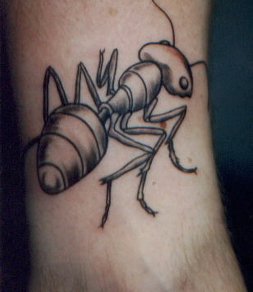 Lovely gray-ink ant tattoo on leg