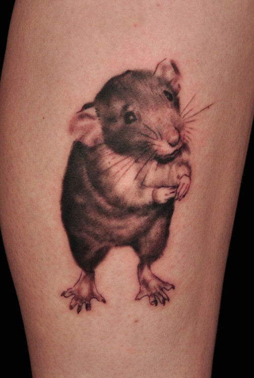 Lovely gray-ink rodent tattoo on shin