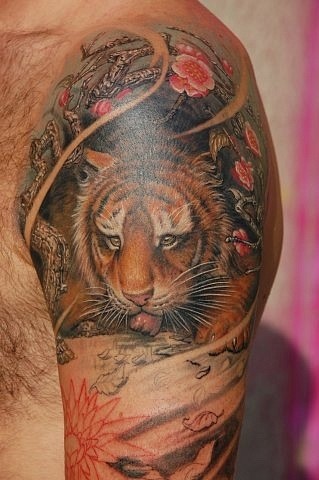 Lovely little tiger tattoo on shoulder