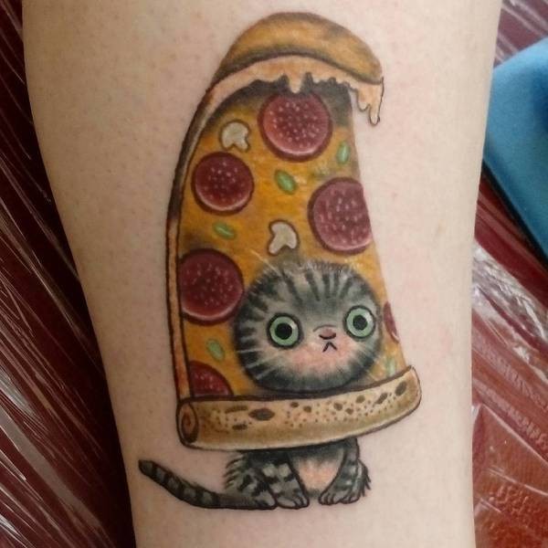 Lovely looking colored leg tattoo of pizza slice with kitten