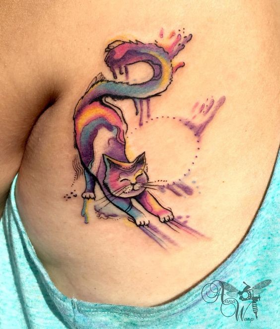Tatuagem de coxa colorida adorável de meninas como gato