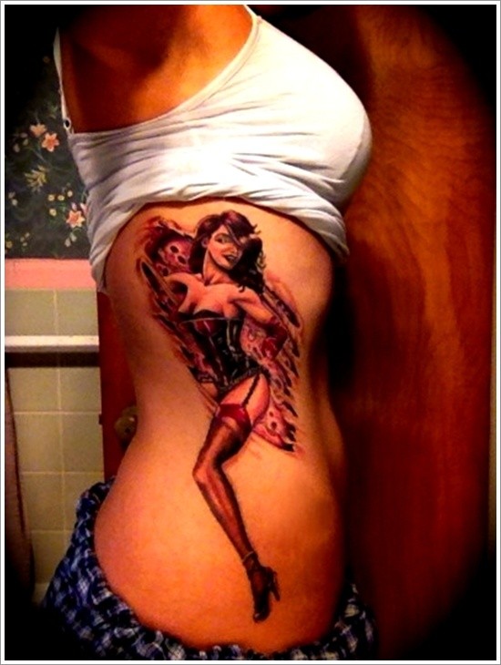 Lovely pin up girl comes outwad from skin tattoo on ribs