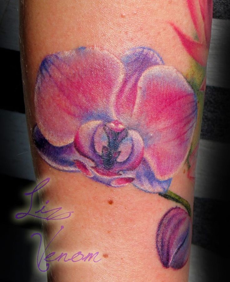 Lovely purple orchid tattoo by Liz Venom