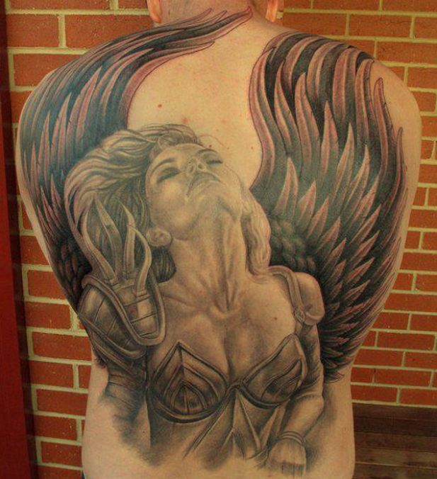 Lovely warrior woman angel tattoo on back