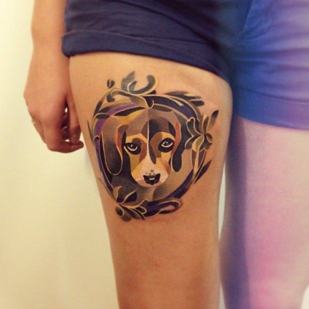 Tatuaggio pittoresco sulla gamba il cane by Sasha unisex