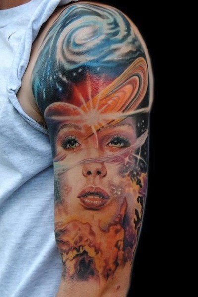 Magical illustrative style colored woman portrait tattoo on shoulder with space