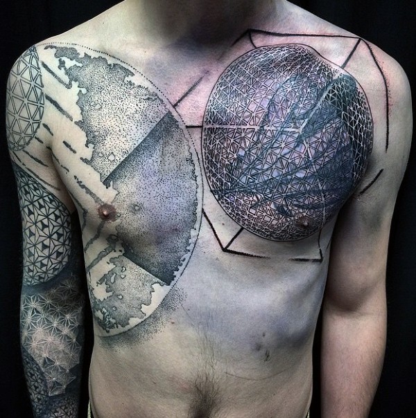 Magnificent 3D style massive geometrical figures tattoo on chest and sleeve