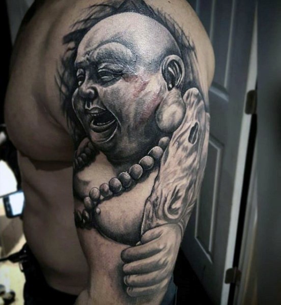 Magnificent 3D style shoulder tattoo of small Buddha statue
