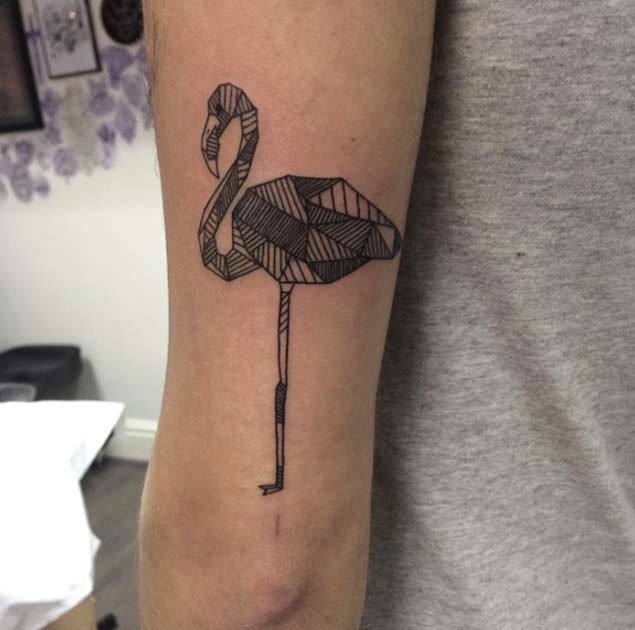 Magnificent black ink big arm tattoo of flamingo