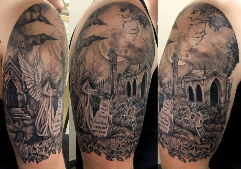 Magnificent black ink dark cemetery tattoo on shoulder with angel and dark moon