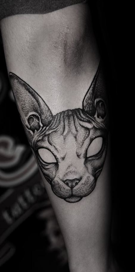 Magnificent black ink forearm tattoo of Sphinx cat head