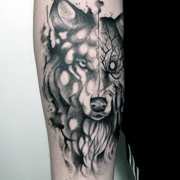 Magnificent black ink mystical wolf tattoo on arm