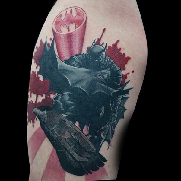 Magnificent colored Batman tattoo on shoulder