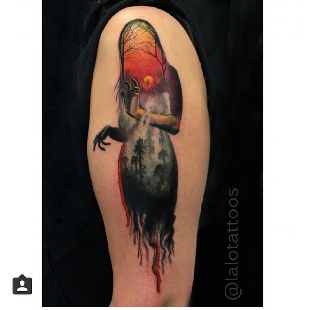 Magnificent colored shoulder tattoo of ghost stylized with dark forest