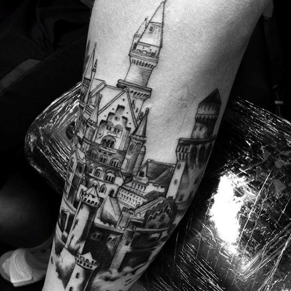 Magnificent designed black and white medieval castle tattoo