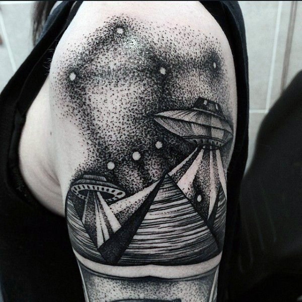 Magnificent designed black and white pyramids and alien ships shoulder tattoo