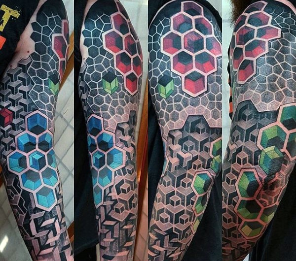 Magnificent geometric style colorful sleeve tattoo of various figures