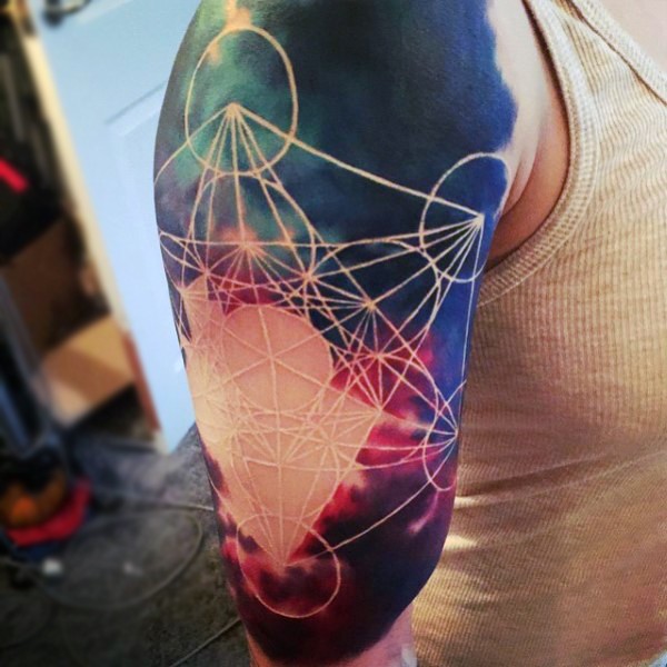 Magnificent geometrical style colored space sleeve tattoo