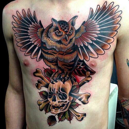 Magnificent illustrative style colored whole chest tattoo of big owl with human skull and bones