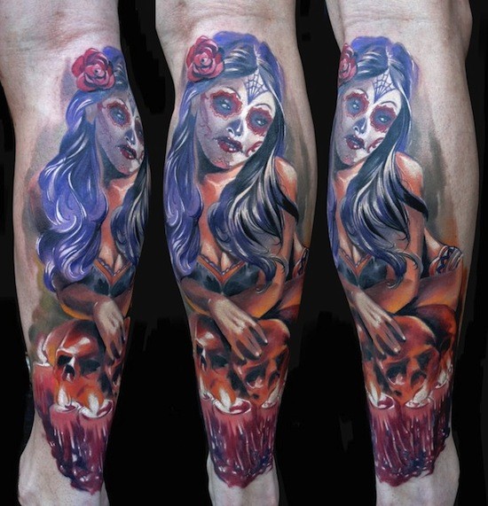 Magnificent large colored Mexican traditional style leg tattoo of woman portrait with human skulls
