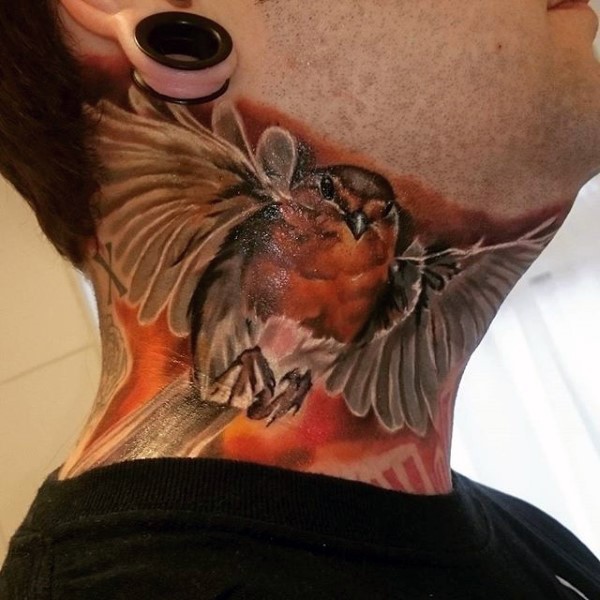 Magnificent looking realism style colored neck tattoo of flying bird