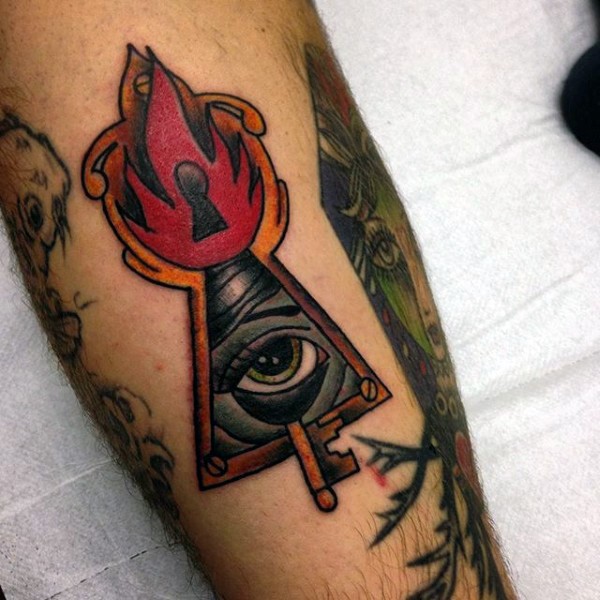 Magnificent multicolored mystical lock with eye tattoo on leg