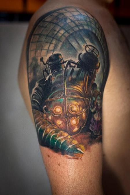 Magnificent multicolored shoulder tattoo of fantasy robot