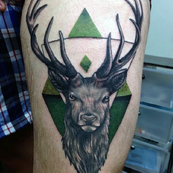 Magnificent new school style colored thigh tattoo of deer with green ornament